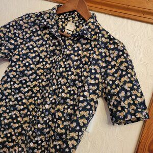 Gap Fitted Boyfriend Short Sleeve Shirt Women's M Tall — Navy Floral Print